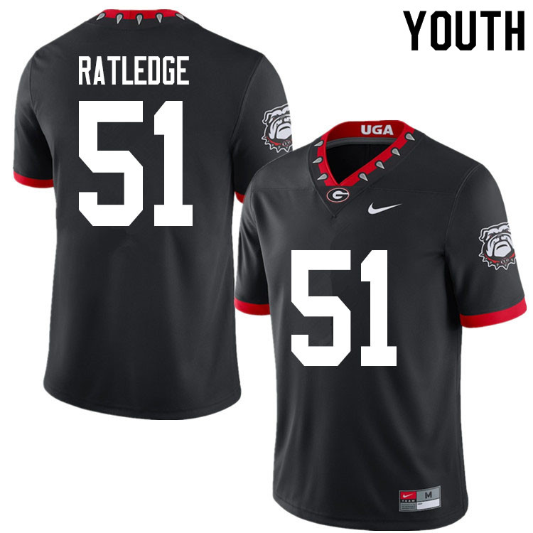 Georgia Bulldogs Youth Tate Ratledge #51 Black 2020 Mascot 100th Anniversary Stitched College UGA Football Jersey 23FH014HR